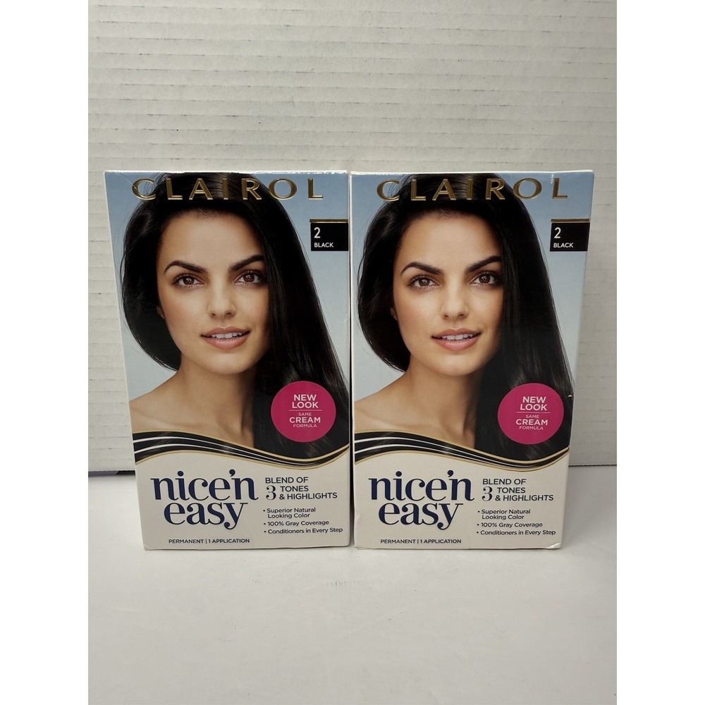 2 New Clairol Nice 'N Easy 2 Black Permanent Hair Color Cream